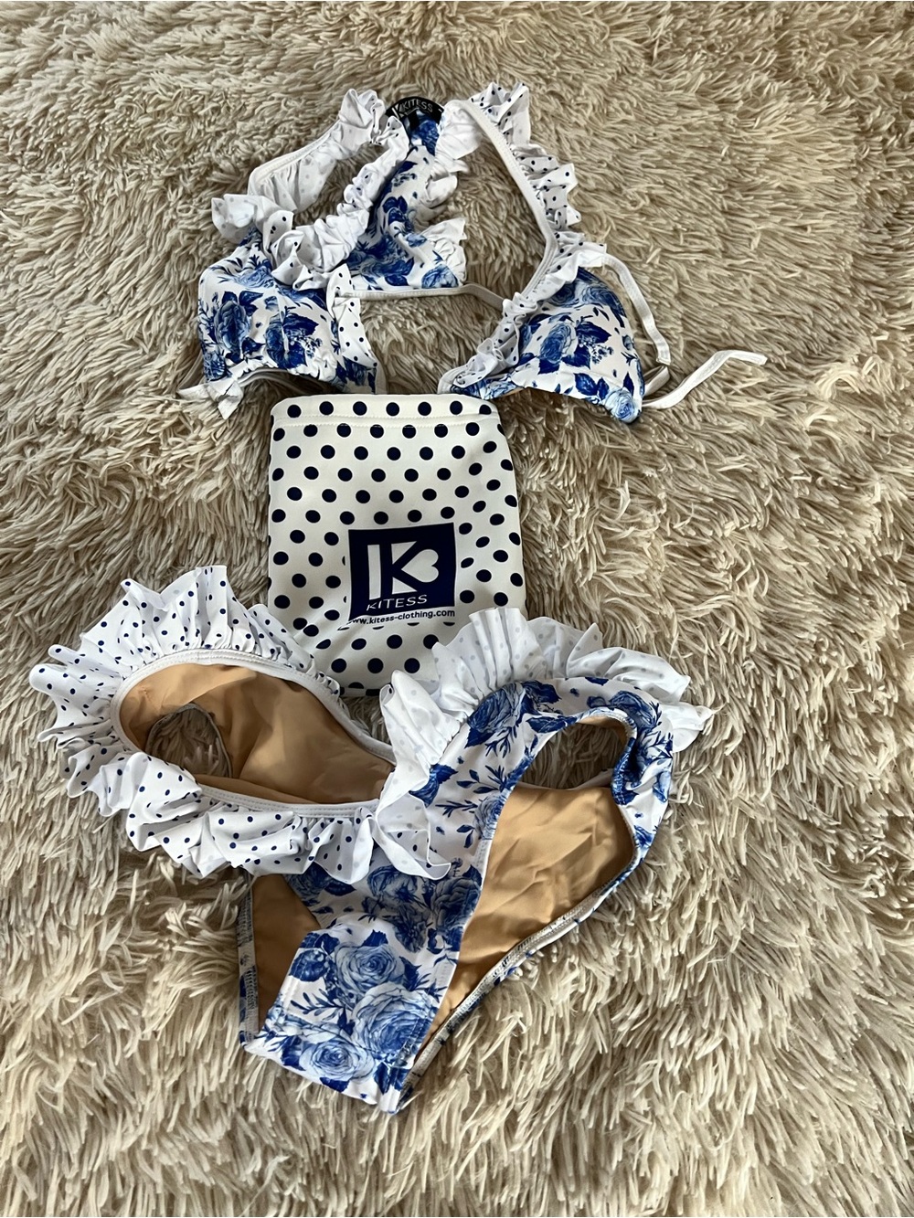 Blue & White Floral Ruffle Bikini Set